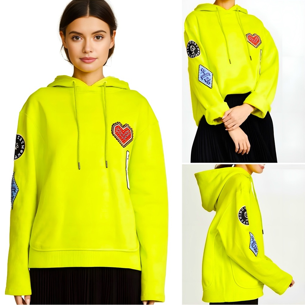 OPENING CEREMONY Neon Green Yellow Sorority Patch Hoodie Sweatshirt Top